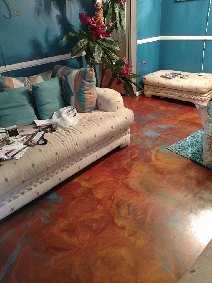 Copper metallic epoxy floor in residential living room Savannah GA